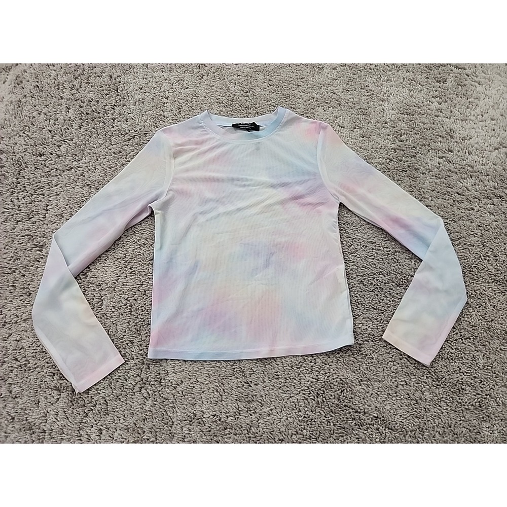 Bershka Top Womens XS Pastel Tie Dye Mesh Long Sleeve Sheer Crop 90s Y2k